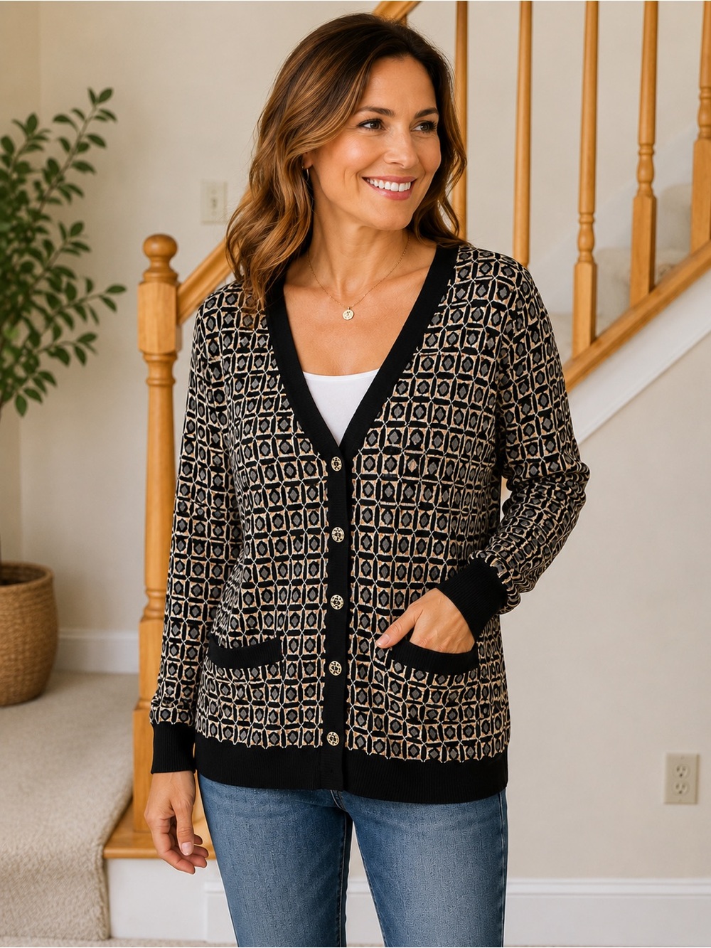 C. Wonder Black and Tan Geometric Button Front Cardigan